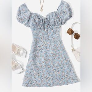 SHEIN Blue Floral A Line Short Dress with Puff Sleeves